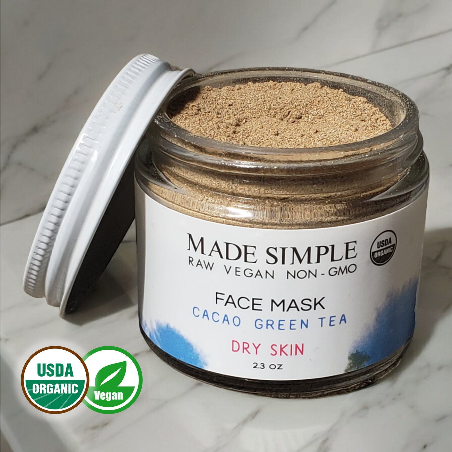 Cacao Green Tea Face Mask for Dry Skin - Certified Organic, Vegan & Cruelty-free