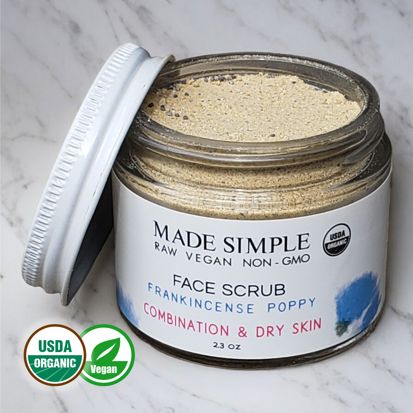 Frankincense Poppy Seed Face Scrub for Combination/Dry Skin - Certified Organic, Vegan & Cruelty-free